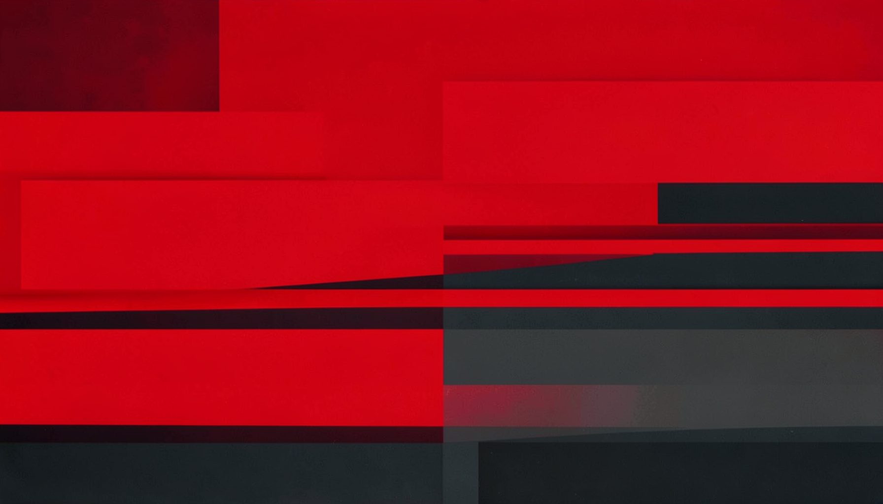Bold crimson and charcoal abstract composition with strong horizontal lines, evoking a newsroom atmosphere